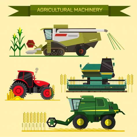 Vector set of agricultural vehicles and farm machines. tractors, harvesters, combines. illustration in flat design. agriculture business concept. agriculture machinery. agriculture crop harvest. Premium Vector Farm Vector, Agriculture Machine, Agriculture Business, Modern Agriculture, Farm Plans, Agriculture Machinery, Farm Games, Farm Quilt, Combine Harvester