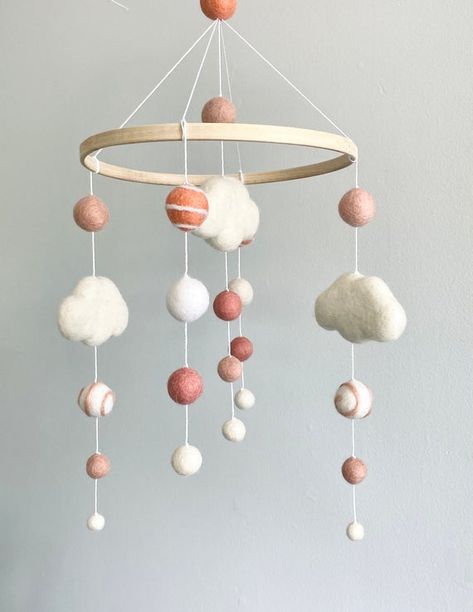 Baby girl mobile/ Baby Mobile/ Nursery Mobile/ Handmade | Etsy Crib Mobile Girl, Felt Ball Mobile, Felt Cloud, Cloud Mobile Nursery, Crib Decoration, Felt Baby Mobile, Pom Pom Mobile, Rainbow Mobile