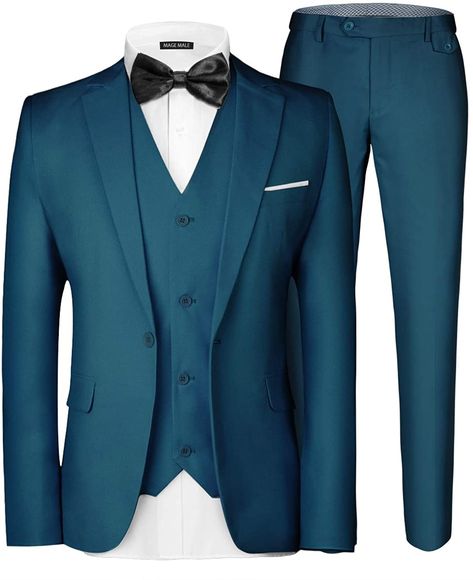 MAGE MALE Men's 3 Pieces Suit Elegant Solid One Button Slim Fit Single Breasted Party Blazer Vest Pants Set Teal Blue : Amazon.ca: Clothing, Shoes & Accessories Slim Vest, Formal Blazer, Pieces Men, Navy Blue Wedding, Men's Suit, Three Piece Suit, Formal Suits, Loose Fitting Tops, Blazer Vest