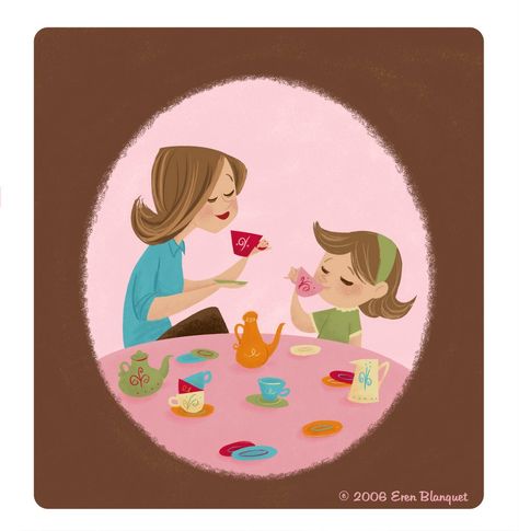 Drinking Coffee Drawing, Dolls Illustration, Daughter And Mother, Tea Time Party, Coffee Drawing, Drinking Coffee, My Cup Of Tea, Tea Parties, All Things Cute