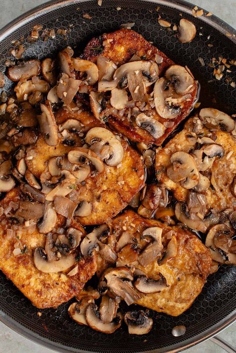 Tofu Marsala, Vegan Marsala, Tofu Cutlets, Mushroom Wine Sauce, Marsala Sauce, Pan Fried Tofu, Over Mashed Potatoes, Vegan Tofu, Marsala Wine