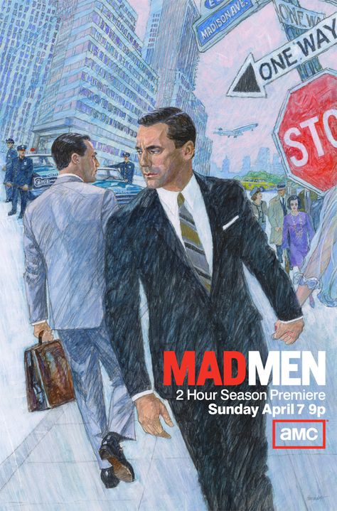 1960s Ad-Style 'Mad Men' Season 6 Illustrated Poster: Don Draper Passes Himself on Madison Ave. #madmen #tv #design Mad Men Poster, Mad Men Party, A Man In A Suit, Man In A Suit, Elisabeth Moss, Don Draper, Jon Hamm, The Don, Madison Avenue