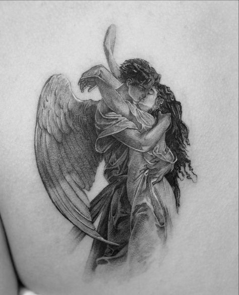 Blind Angel Tattoo, Gods Angel Tattoo, Creation Of Adam Tattoo Thigh, Angelic Sleeve Tattoo, Small Fallen Angel Tattoo, Romantic Encounter Tattoo, Angel Sitting Drawing, Angel And Devil On Shoulder, Soul Tie Tattoo