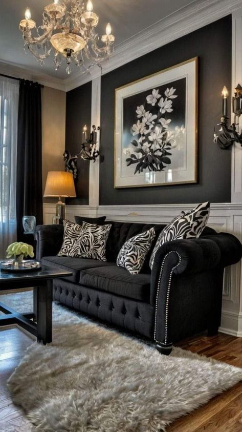 Black And White Entertainment Room, Black White And Silver Living Room Decor, Black And White Home Decor Living Room, Living Room Designs Black And White, Black Glam Living Room, Black White And Gold Living Room, Black And White Living Room Ideas, Black White Living Room, Neoclassic Interior