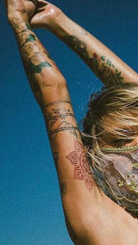 Wild Women Tattoo, Sara Aesthetic, Surf Tattoos, Hippie Tattoos, Yogi Tattoo, Arm Wrap Tattoo, Henna Ink, Bohemian Tattoo, Surf Tattoo