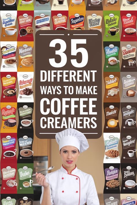 Barista surrounded by various coffee creamer options, promoting 35 different flavors. Uses For Coffee Creamer Bottles, Optavia Approved Coffee Creamer, Health Coffee Creamer, Diy Coffee Creamer Healthy, Diy Creamer Coffee, Low Calorie Coffee Creamer, Homemade Flavored Coffee Creamer, Coffee Creamer Flavors, Make Your Own Coffee Creamer