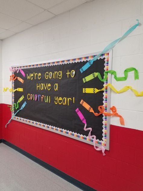 Preschool Hallway Bulletin Boards, Pre K Art Bulletin Board Ideas, Color Bulletin Board Ideas Preschool, Back To School Prek Bulletin Boards, Welcome To Class Bulletin Board, First Day Of Preschool Bulletin Board, Prek Bulletin Board Ideas Back To School, Hallway Bulletin Boards Elementary, Pre K Bulletin Board Ideas