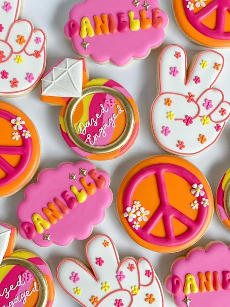 Peace Out Cookies Decorated, Tie Dye Birthday Cookies, Pink Smiley Face Cookies, Hippy Cookies Decorated, Dazed And Engaged Cookies, 70s Themed Cookies, Peace Sign Cookies, 70s Themed Cake, 70s Theme Food