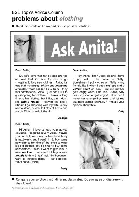 Advice Column: Clothing ('Ask Anita') Advice Column, Drawing Conclusions Worksheet, Giving Opinions English, English News Paper Articles, Opinion Essay Structure, Speaking Activities English, Advice Columns, English Teaching Resources, Speaking Activities