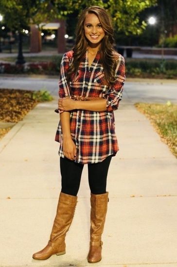 Check out this outfit which includes a flannel tunic, black leggings and boots!!  #ShopTheLook Tunic Outfit, Sydney Style, Flannel Tunic, Boot Fashion, Jean Skirts, Moms Fashion, Flannel Outfits, Estilo Country, Fall Styles