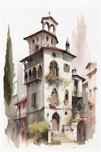 size: 18x12in Art Print: Italian Architecture in Watercolor by Lana Kristiansen : Italian Artwork, Castle Exterior, Townhouse Exterior, Architecture Blueprints, Italy Architecture, Watercolor Architecture, Italian Architecture, Perspective Art, House Illustration