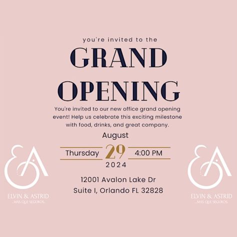 Join Elvin & Astrid for their Grand Opening of their New Office in Downtown Avalon Park! 

Help us celebrate this exciting milestone with food, drinks, and great company on August 29th from 4-6 pm.

Address: 12001 Avalon Lake Drive, Ste. I, Orlando, FL 32828 

#grandopening #iloveavalonpark #community #family #youbelonghere #eastorlando #stufftodoorlando Esthetician Grand Opening, Esthetician Room, New Office, Food Drinks, Orlando Fl, Youre Invited, Esthetician, Grand Opening, Room Inspo