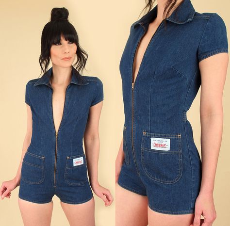 70s Inspired Outfits, 70s Levis, Playsuits Outfit, Denim Playsuit, 60s And 70s Fashion, 70s Inspired Fashion, 70s Outfits, Romper Outfit, Denim Romper