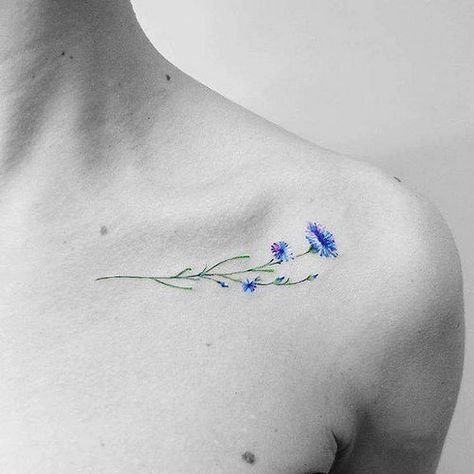 Photo | Cornflower Tattoo by Vitaly Kazantsev from my tumblr… | Flickr Cornflower Tattoo, Under Collar Bone Tattoos, Blue Flower Tattoos, Thistle Tattoo, Bone Tattoos, Small Tattoos Simple, Collar Bone Tattoo, Collar Bone, Elephant Tattoos