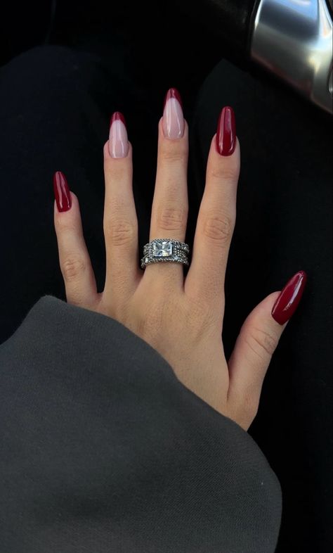 Holiday Velvet Nails, Engagement Nails Ideas Winter, Winter Oval Acrylic Nails, Nail Ideas French Tip Classy, Cherry Brown Nails, Glittery Almond Nails, 2024 Winter Nails, Nail Trends 2024 Fall, Dark Wine Nails