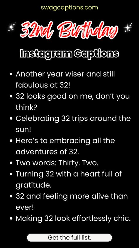 Make your 32nd birthday unforgettable with these Instagram captions! Whether you're celebrating big or keeping it cozy, capture every moment with words that resonate. 32nd Birthday Quotes, 32birthday Ideas, 32 Birthday Caption, 32 Birthday Captions Instagram, Instagram Captions Birthday Posts, 32nd Birthday Captions, 32 Birthday Quotes, 31 Birthday Captions Instagram, 38 Birthday Caption