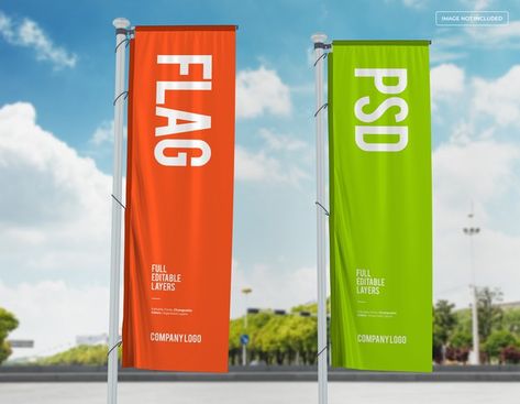 Two vertical flags mockup design on stre... | Premium Psd #Freepik #psd #banner #mockup #sky #flag Flag Mockup, Exhibition Banners, Banner Mockup, Billboard Mockup, Best Flags, Sport Banner, Flag Signs, Banner Advertising, Outdoor Advertising