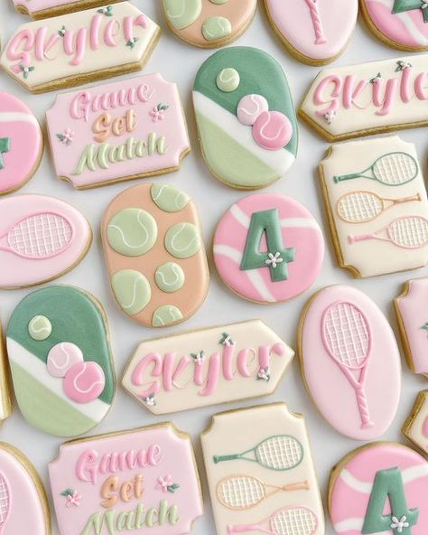 @decadent_dough on IG Tennis Theme Cookies, Tennis Cookies Decorated, Pickle Ball Cookies, Tennis Baby Shower Theme, Pickleball Cookies Decorated, Tennis Desserts, Pickleball Cookies, Pickleball Cake, Tennis Cookies