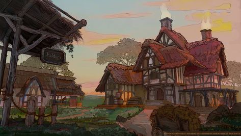 Cottage Concept Art, The Belgariad, Dragon Animated, Fantasy Tavern, Feng Zhu Design, Farm Cartoon, Feng Zhu, Farm Village, Fantasy Village