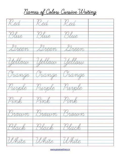 colors name in cursive, cursive writing worksheet, free printable pdf Cursive Tracing Free Printable, Cursive Writing Fonts, Free Cursive Worksheets, Cursive Handwriting Practice Worksheets, Capital Cursive, Names Of Colors, Cursive Practice Sheets, Writing Cursive, Write Cursive