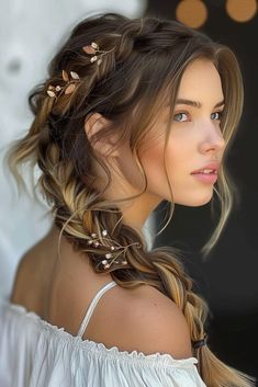 Big Side Braid Wedding, Bridal Side Braids For Long Hair, Bride Braided Hairstyles, French Braid Headband, Braid Hair Style, Elegant Braids, Side Plait, Messy Side Braid, Braids For Women