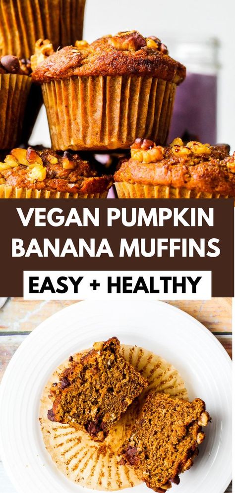 Protein Pumpkin Walnut Muffins, Pumpkin Banana Muffins Vegan, Vegan Pumpkin Muffins Healthy, Wfpb Muffins, Vegan Protein Muffins, Pumpkin Muffins Vegan, Banana Muffins With Chocolate Chips, Spelt Muffins, Vegan Pumpkin Muffins