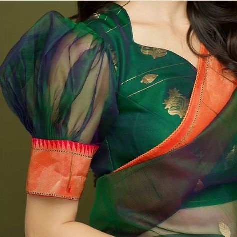 Orgenza Saari Blouse Design Full Sleeve, Net Puff Sleeve Blouse Indian, Elbow Hands Designs For Blouses, Blouse Sleeves Design Indian, Blouse Designs Simple, Latest Fashion Blouse Designs, Brocade Blouse Designs, Netted Blouse Designs, Cotton Blouse Design