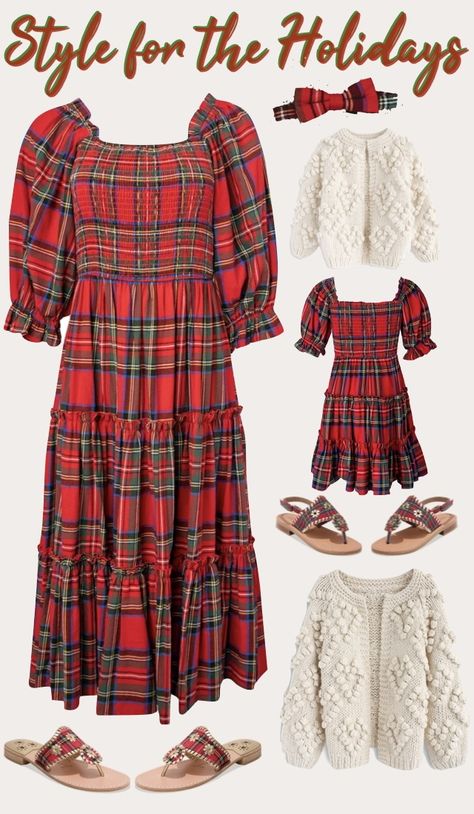 Get those holiday card outfits ready! Loving these red tartan dress and matching sandals! Holiday Card Outfits, Dress Family Photos, Outfits For Mom, Red Tartan Dress, Mom And Daughter, Tartan Dress, Christmas Outfits, Red Tartan, Mom Outfits