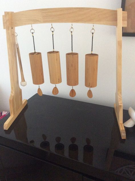 Koshi chimes, water, air, earth and fire on a beautiful stand Koshi Bells, Koshi Chime Stand, Guzheng Instrument, Biwa Japanese Instrument, Bamboo Musical Instruments, Sound Healing, Sound, Tiny House, Healing