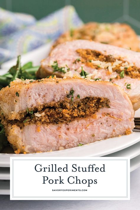 Grilled Stuffed Pork Chops is an EASY recipe. Marinated pork stuffed w/ bread crumbs, herbs and cheese and grilled to flavorful perfection! Grilled Breaded Pork Chops, Stuffed Pork Chops On The Grill, Grilled Pork Recipes, Grilling Recipes Pork, Stuffed Pork Chops, Stuffed Pork, Traeger Recipes, Easy Grilling, Grilled Sausage