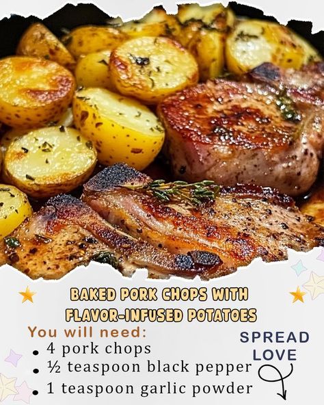 Recipes Radiant | Baked Pork Chops with Flavor-Infused Potatoes | Facebook Pork Chops And New Potatoes, Pork Chop Recipes Baked Bone In With Potatoes, Dutch Oven Pork Chops And Potatoes, Pork Chops And Potatoes In Oven, Potato And Porkchop Bake, Baked Pork Chops With Potatoes, Garlic Butter Pork Chops With Cheesy Potato Bake, Pork Chops With Potatoes, Baked Pork Chops Oven