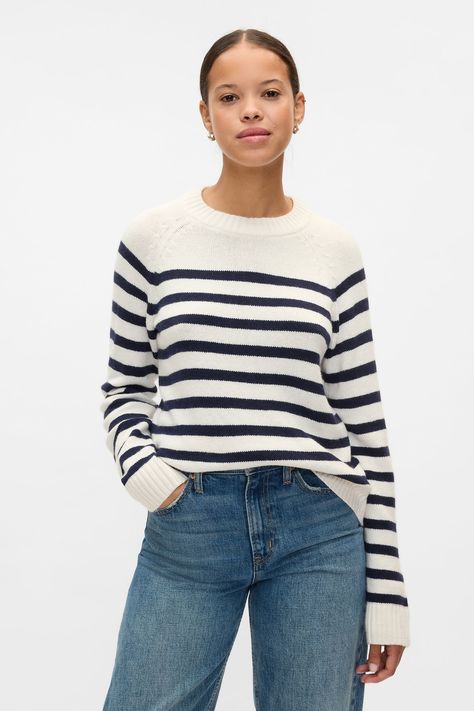 Supersoft cotton-blend crew neck sweater. Crew neck. Long sleeves. Certain styles have allover prints. Machine washable. 53% Cotton, 47% Nylon. French Clothing Styles, Blue And White Striped Sweater, Striped Sweater Outfit, Plush Yarn, Sweater Navy Blue, White Striped Sweater, Navy Blue Pants, Navy Sweater, Copenhagen Style