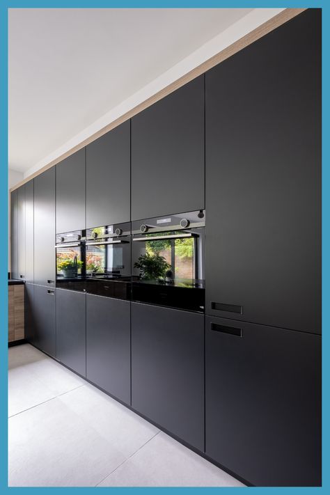 Hiding Appliances, Contemporary Black Kitchen, Silestone Worktop, Kitchen Tall Units, Dramatic Kitchen, Modern Kitchen Flooring, Cabinets To Ceiling, Concrete Creations, Greige Kitchen