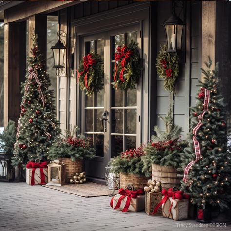 Christmas Trees On Porch Outdoor, Tree Farm Christmas Decor, Mountain Lodge Christmas Decor Ideas, Christmas Mantels Rustic, Old Fashion Christmas Decorating Ideas, Booth Decoration, Christmas Porches, Natal Country, Alabama Christmas