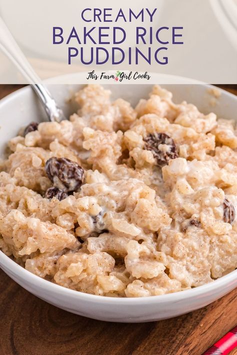 This oven baked Rice Pudding recipe is made with warm spices, sweet raisins and topped with a splash of heavy cream. Comfort food never tasted so good! #cozyfood #rice #ricepudding Rice Pudding With Raisins, Almond Milk Rice Pudding, Baked Rice Pudding Recipe, Old Fashion Recipe, Homemade Rice Pudding, Oven Baked Rice, Easy Rice Pudding, Brown Rice Pudding, Old Fashioned Rice Pudding