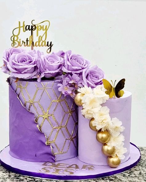 Double Cakes For Birthdays, Double Tier Cake Design, Double Cake Design, 2 Tier Birthday Cake For Women, Purple Floral Cake, Floral Cake Ideas, Birthday Cake And Balloons, Balloons Drawing, 2 Tier Birthday Cake