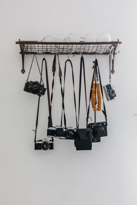 Hanging Cameras On Wall, Camera Shelves, Camera Display Ideas, Camera Collection Display, Antique Camera Display, Australian Apartment, Photography Workspace, Photographer Room, Camera Organization