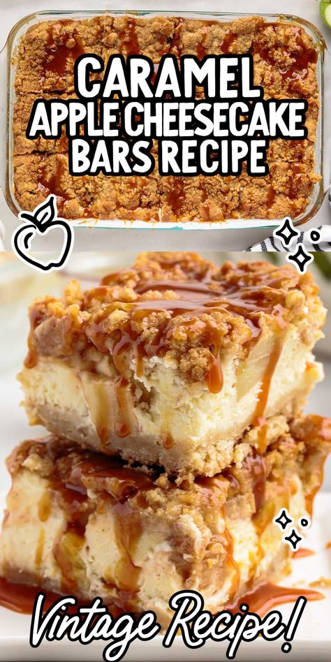 With layers of buttery crust, cheesecake, soft apples and streusel topping, these apple cheesecake bars are a delicious and cozy treat. Soft Apples, Apple Pie Cheesecake Bars, Apple Cheesecake Bars, Caramel Apple Cheesecake Bars, Caramel Apple Cheesecake, Apple Cheesecake, Cheesecake Bar Recipes, Dessert Bar Recipe, Baked Treats