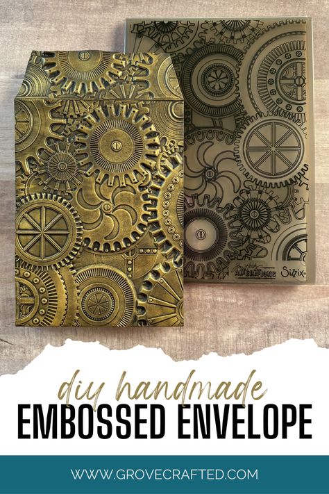 A DIY Gears Embossed Envelope Cards Using 3d Embossing Folders, Sizzix Embossing Folders, Tim Holtz Mini, Envelope Art, Tim Holtz Sizzix, 3d Texture, Embossed Cards, Embossing Folders, Diy Handmade