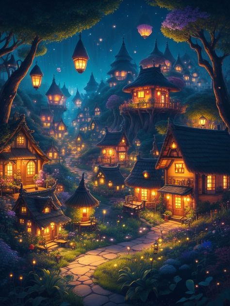 Fairy Tale Village Illustration, Fairytale Locations, Fairy Town, Fairytale Village, Magical Village, Cedar Board, Fairytale Land, Town Drawing, Fantasy Party