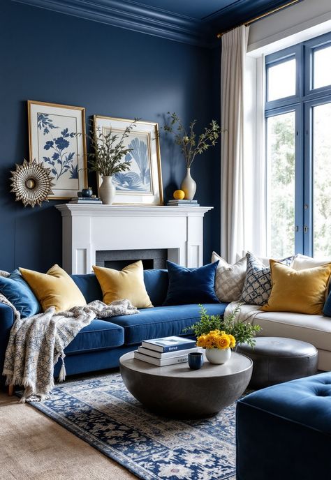 Blue and Yellow Boho Decor Blue Beige Yellow Living Room, Royal Blue And Yellow Living Room, Blue Yellow Living Room, Living Room Yellow Accents, Blue And Yellow Living Room, Boho Decor Ideas, Blue Color Combinations, Boho Space, Room Decor Cozy