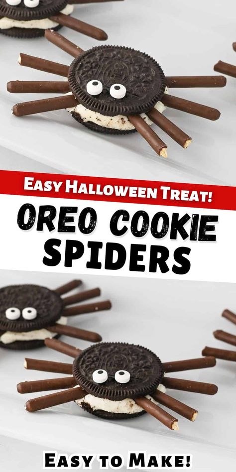 Create these easy, no-bake Oreo spiders for a fun and spooky Halloween treat! With oreo cookies, pocky sticks, and candy eyeballs, the Halloween cookies are perfect for parties or a quick treat. Fun Kids Halloween Treats, No Bake Halloween Treats Kids Can Make, Halloween Food Crafts For Kids Easy, Oreo Cookie Halloween Treats, Halloween Cooking Ideas For Kids, Food For Halloween Party For Kids, Spider Oreos Halloween, Preschool Halloween Party Snacks, Halloween Kids Snack Ideas