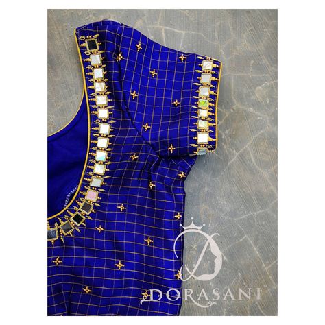 #zardosiwork #mirrorwork #blueblouse #blue #blouse #dorasani #dorasanibytejaswini Checks Embroidery Blouse, Simple Mirror Work Blouse Designs, Checks Blouse Designs, Mirror Blouse Design, Mirror Blouse, Blue Blouse Designs, Check Blouse, Mirror Work Blouse Design, Zardozi Work