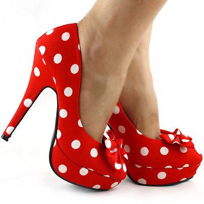 New Ladies Womens Polka Dots Bow Evening Stiletto Platform High Heel Pumps in Heels | eBay Stile Pin Up, White Stiletto Heels, White Stilettos, Bow Pumps, Red High Heels, Platform High Heels, Fabulous Shoes, Crazy Shoes, Pretty Shoes