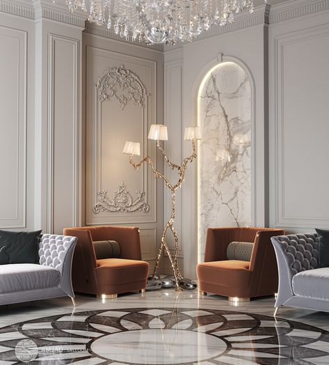 Design Living Room Dubai on Behance Neo Classical Living Room, Classic Interior Design Living Room, سلالم حلزونية, Classic Interior Design Luxury, Classical Living Room, Neoclassical Interior Design, Neoclassical Interior, Classic Interior Design, Classic Living Room