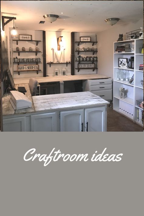 Craft Room Workspace, She Shed Hobby Room, Craft And Lounge Room, She Shed Craft Room Ideas Diy, Craft Room Countertops, Open Craft Room Ideas, Large Craft Room Layout, Craft Room Countertop Ideas, Office And Craft Room Combined Farmhouse