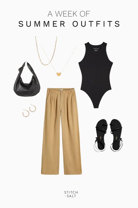 A graphic with a black sleeveless bodysuit, tan wide leg trousers, black strappy sandals, and a woven black bag French Summer Outfits, Parisian Summer Outfits, Minimal Summer Outfit, Minimal Outfit Ideas, Classic Summer Outfits, Plain Tank Tops, Girl Goals, Parisian Summer, Casual Chic Summer