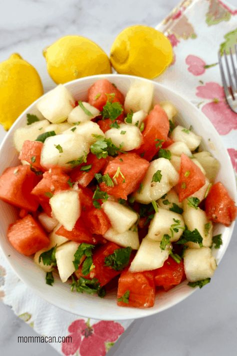 Canary Melon Lemon Cilantro salad is super sweet and refreshing. Salt brings out the amazing flavors of this bright yellow on the outside crazy juicy and sweet on the inside Canary Melon. You will love it! #melon #salad Canary Melon Recipe, Canary Melon, Broccoli Salads, Melon Recipes, Cilantro Salad, Melon Salad, Honey Lime Dressing, Spiced Almonds, Mom Crafts