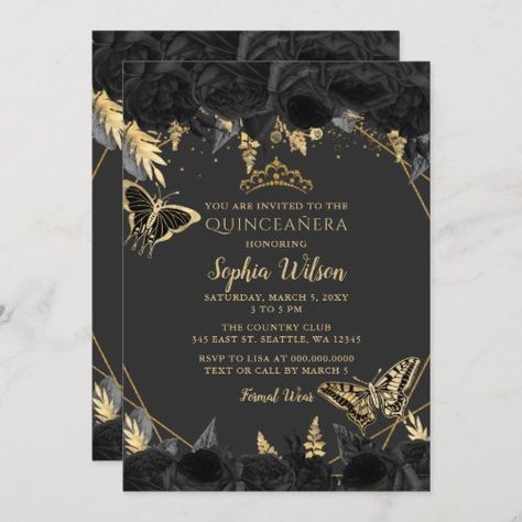 $2.95 | Elegant Black Gold Floral Butterfly Quincea�era #quinceanera, glitter, mis quince, gold, vintage, tiara, mis princess crown, butterfly, elegant, black Black Quince Invitations, Emo Quince, Black And Gold Quinceanera Theme, Black And Gold Quince, Gold Quinceanera Theme, Butterfly Sweet 16, Baby Blue Quinceanera, Black Quinceanera, Quinceañera Invitations