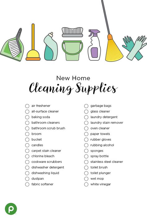 Moving into a new house? Stop by Publix with this handy cleaning supply checklist to stock up on items to keep your new home spotless. Click through to print your checklist, and stroll down the cleaning supply aisles on your next grocery trip to pick up everything you need in one stop. #cleaningchecklist New Home Cleaning, Cleaning Supplies Checklist, Cer Nocturn, First Apartment Tips, New Home Essentials, Cleaning Supplies List, First Apartment Essentials, Studera Motivation, New Home Checklist